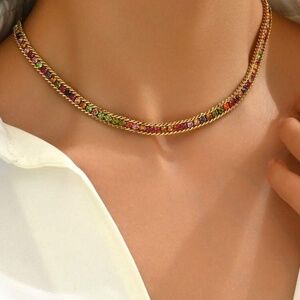 Gold Plated Stainless Steel Rainbow Cubic Zirconia Necklace